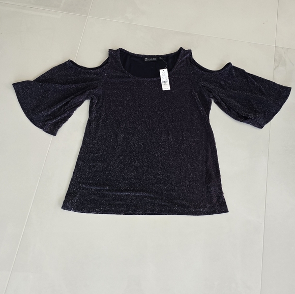 New York & Company Tops - NWT Glittery Navy Cold-Shoulder Blouse - Size Medium